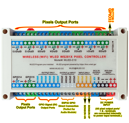 WLED pixel controller up to 10 strip ports. Screw terminals bring out all GPIO pins of ESP32