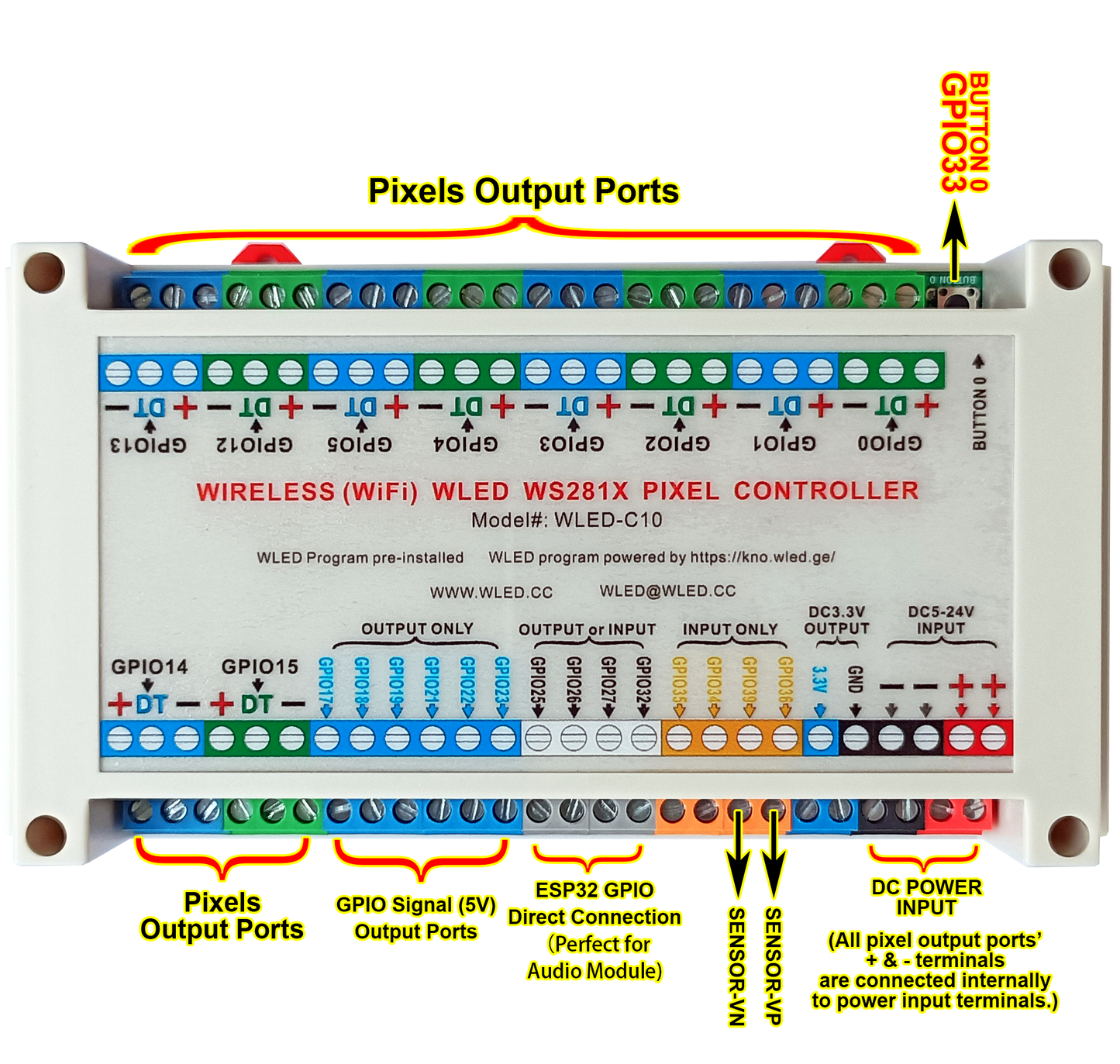 WLED pixel controller up to 10 strip ports. Screw terminals bring out all GPIO pins of ESP32